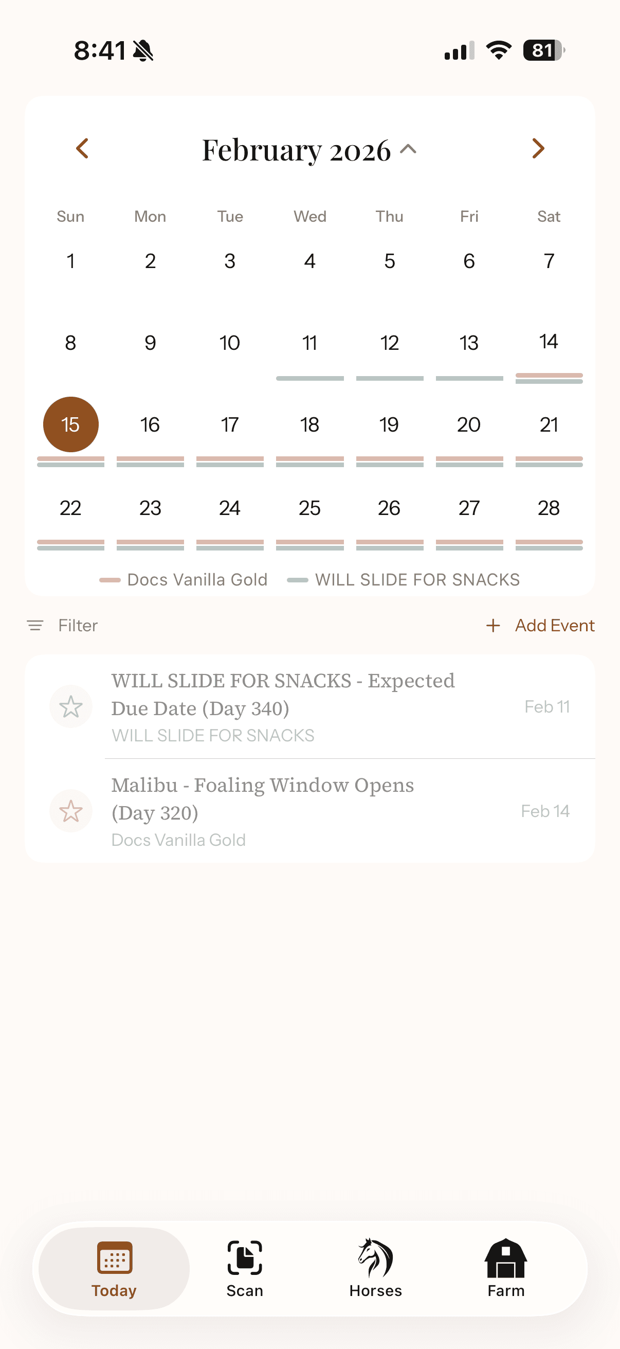 Calendar with foaling windows and breeding events