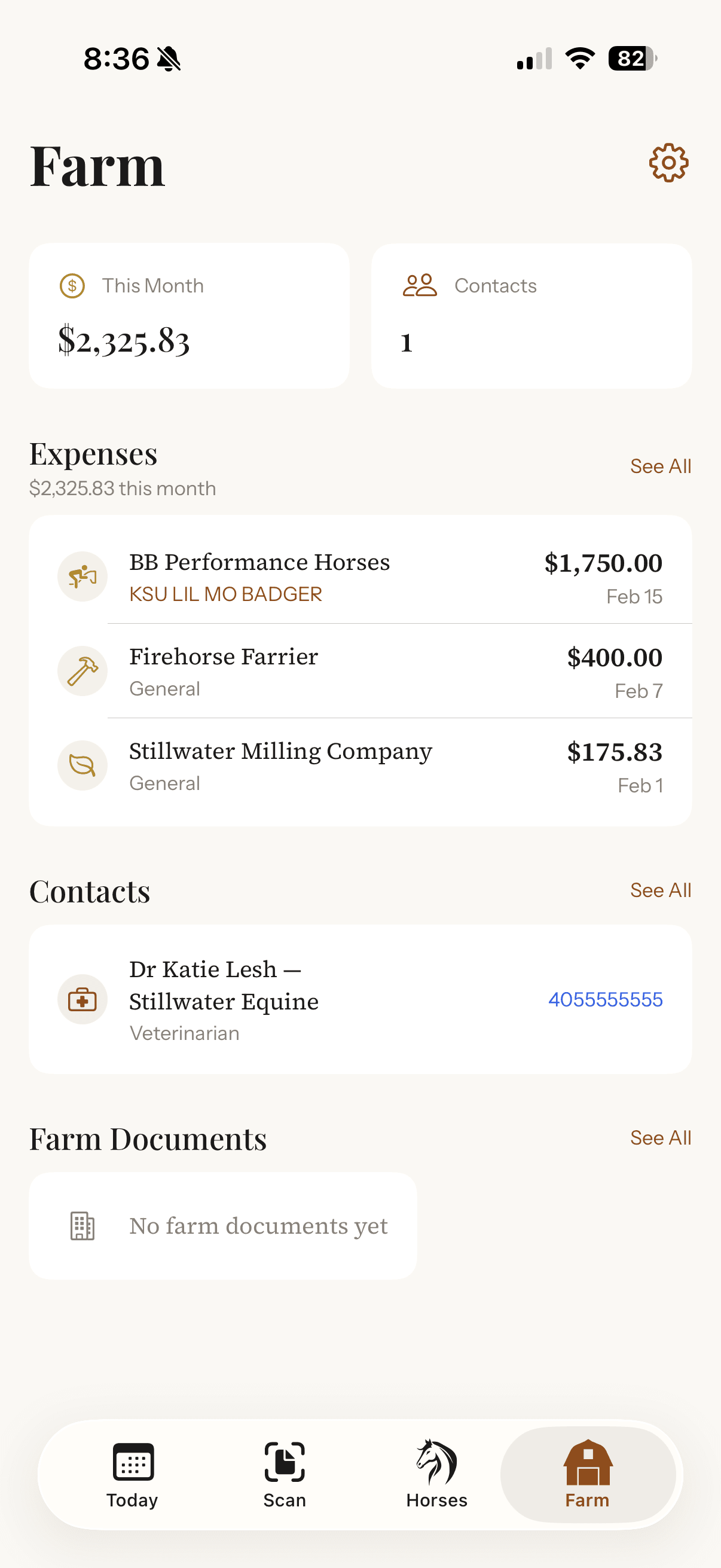 Farm hub with expenses, contacts, and daily care