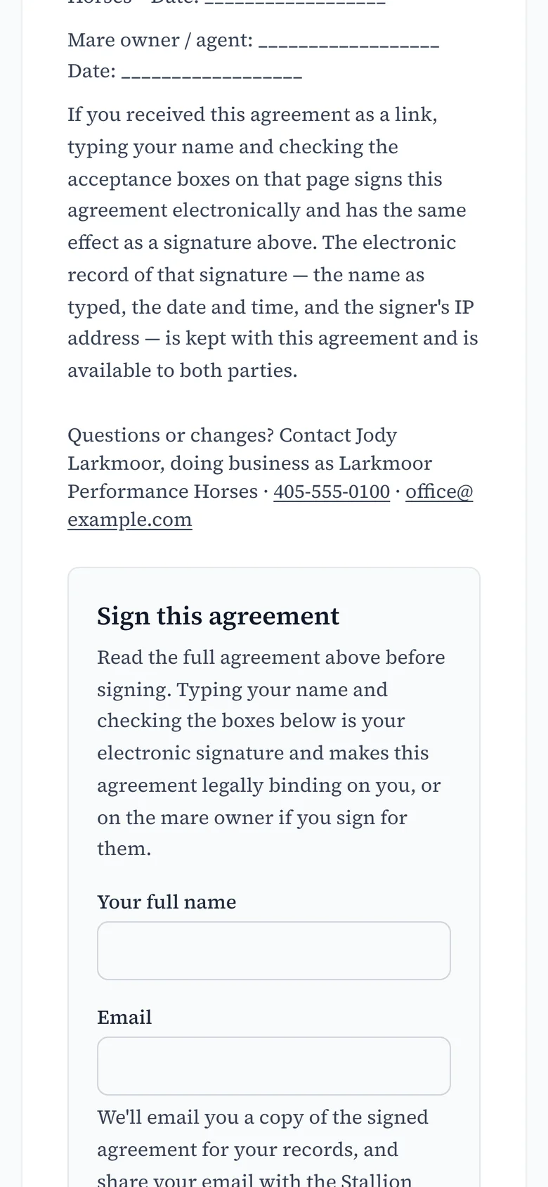 The signing form on a phone: her name, the consent boxes, and her signature.