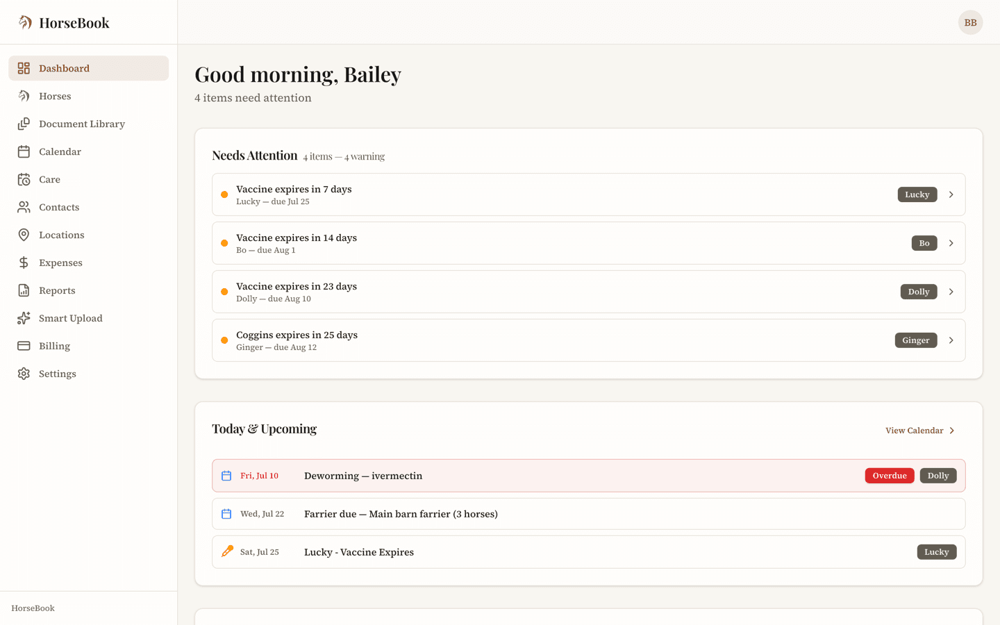 HorseBook dashboard showing a Needs Attention panel with vaccine-expiry warnings, upcoming tasks, and this month’s expenses