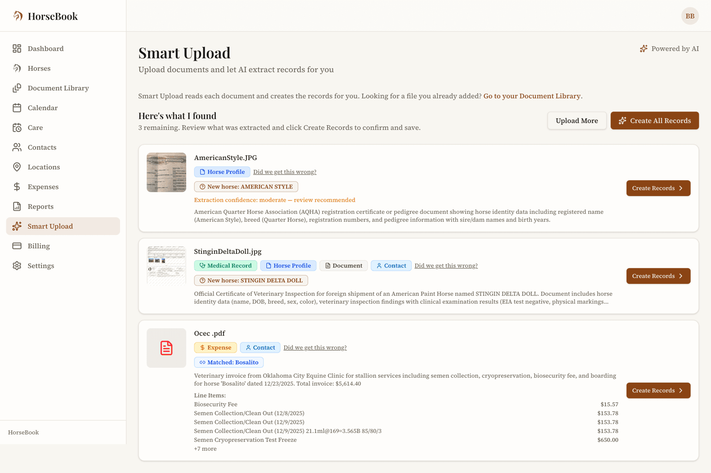 HorseBook Smart Upload review screen showing a scanned stallion-services invoice auto-matched to the stallion Bosalito with its line items
