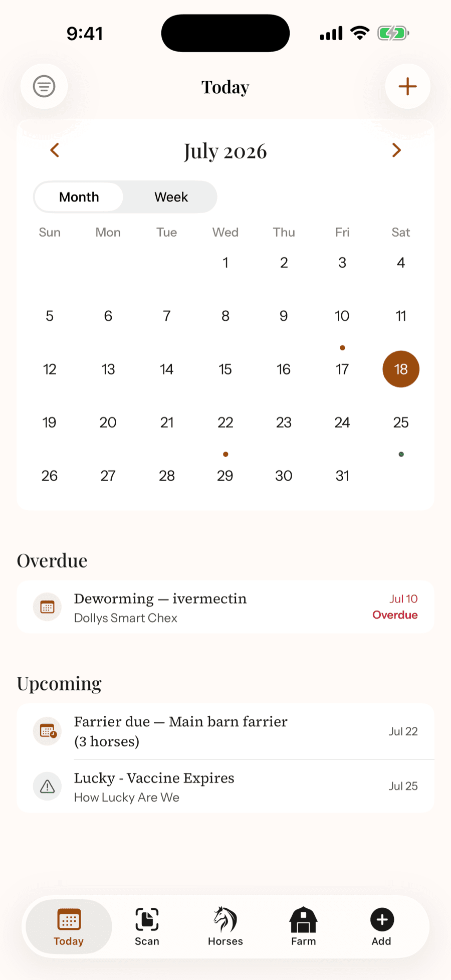 HorseBook iPhone Today screen with a month calendar plus overdue and upcoming care items