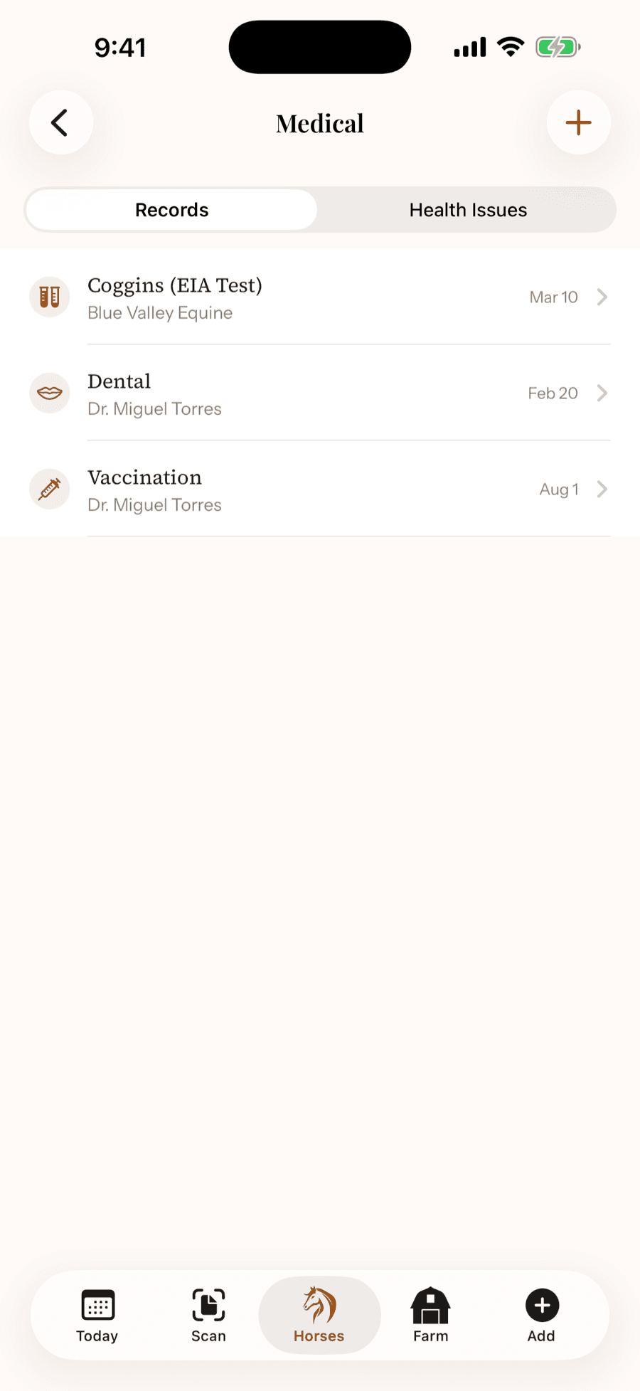 HorseBook iPhone medical records list showing Coggins, dental, and vaccination records with providers and dates