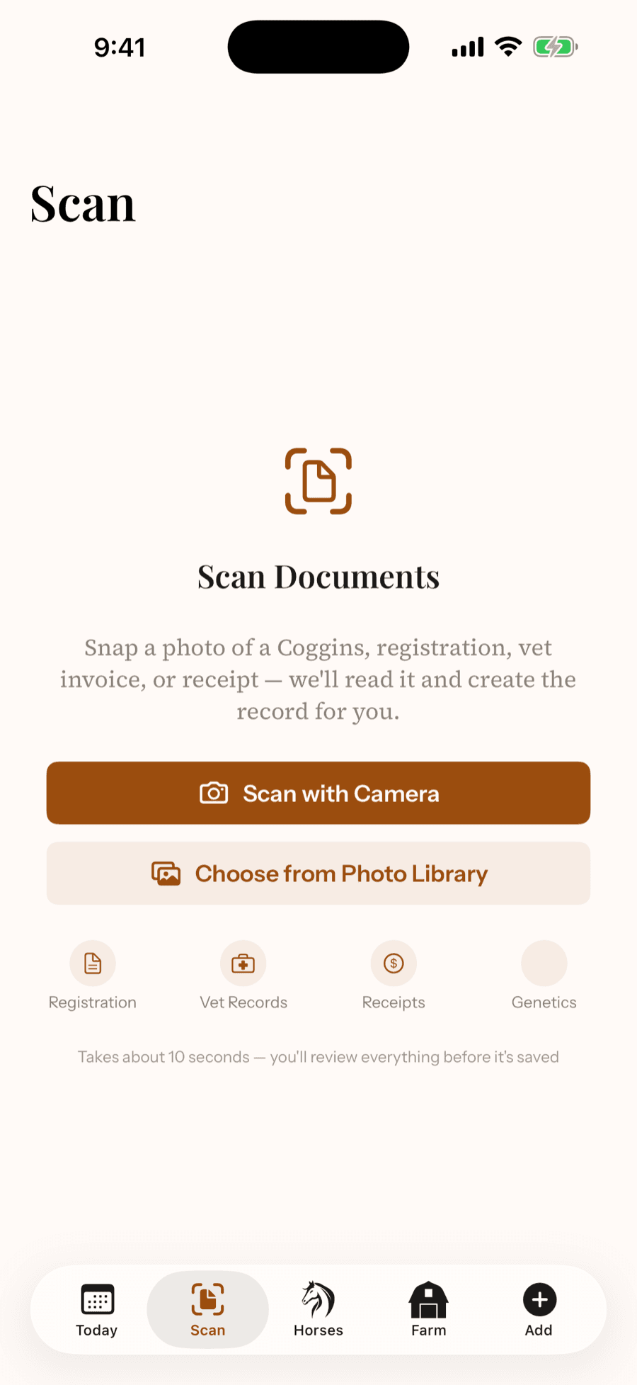 HorseBook iPhone scan screen with camera-native document capture and document-type chips