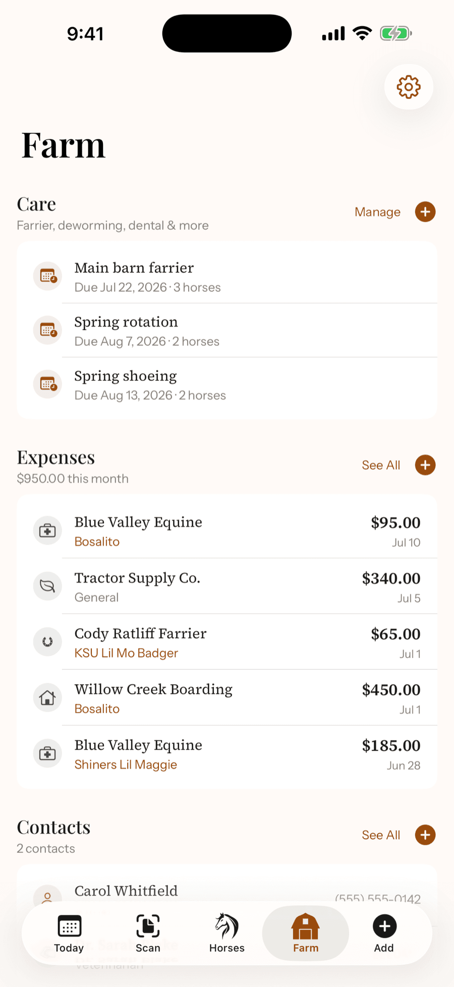 HorseBook iPhone Farm screen with care plans, this month’s expenses, and contacts
