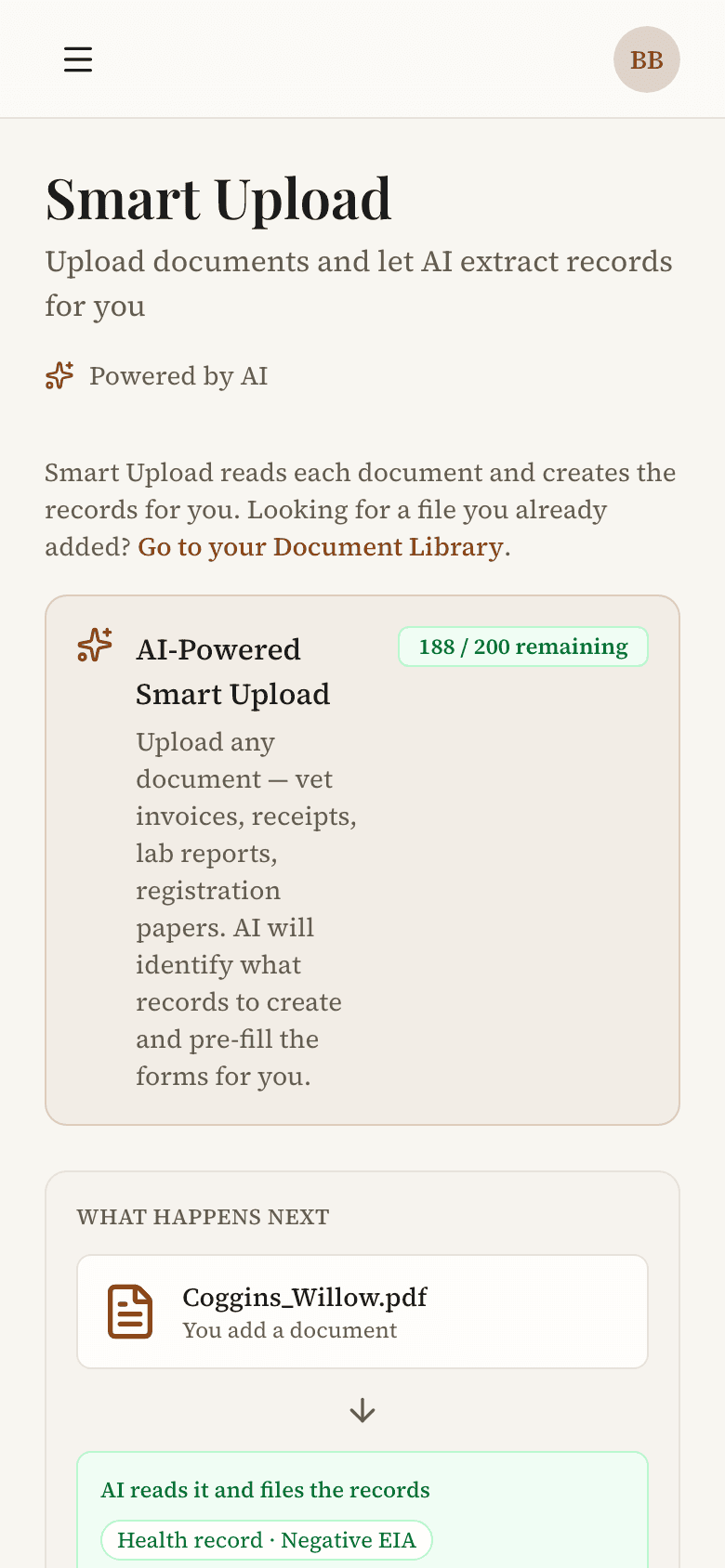 HorseBook mobile web Smart Upload screen for reviewing extracted document data