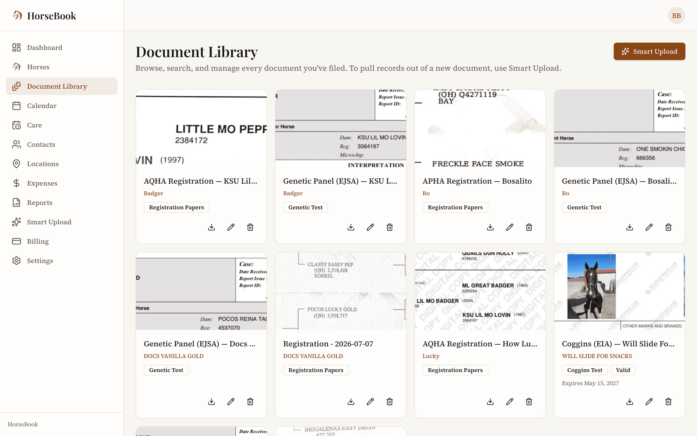 The document library keeps registration papers, genetic panels, and Coggins tests in one place, each tagged and flagged current or expiring.