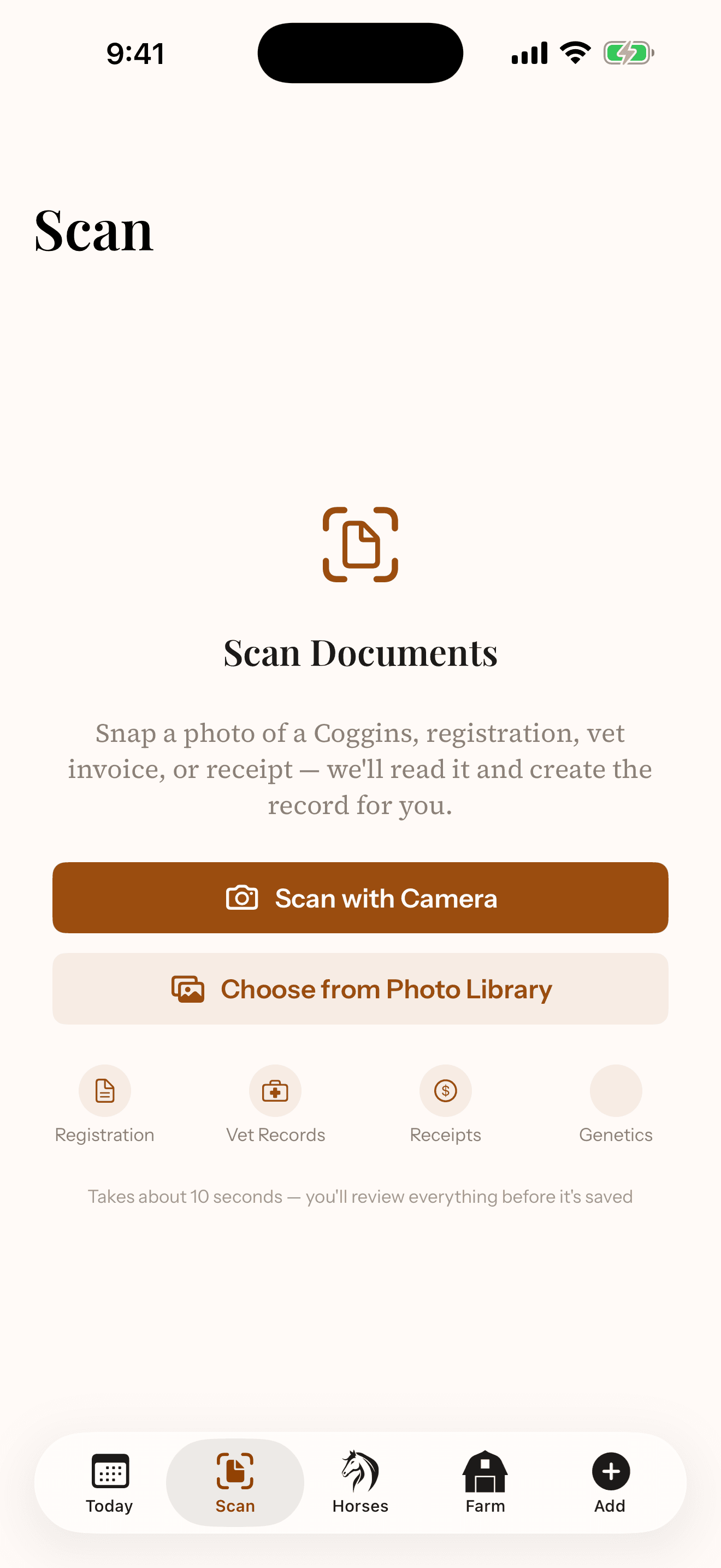 The scanner on the iPhone app — snap a photo of a paper and HorseBook reads it into a record in about ten seconds, and you check it before it's saved.