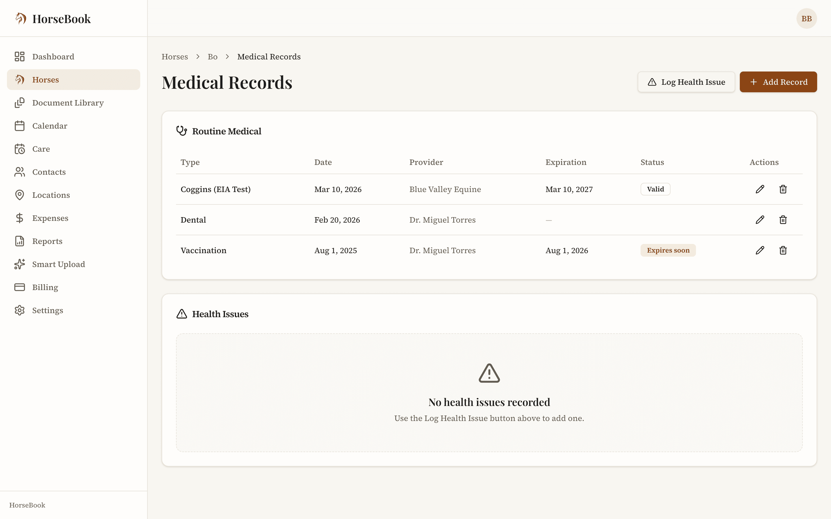 A horse's medical records with plain-language status — what's current and what's expiring soon — so a Coggins or vaccine never lapses without warning.