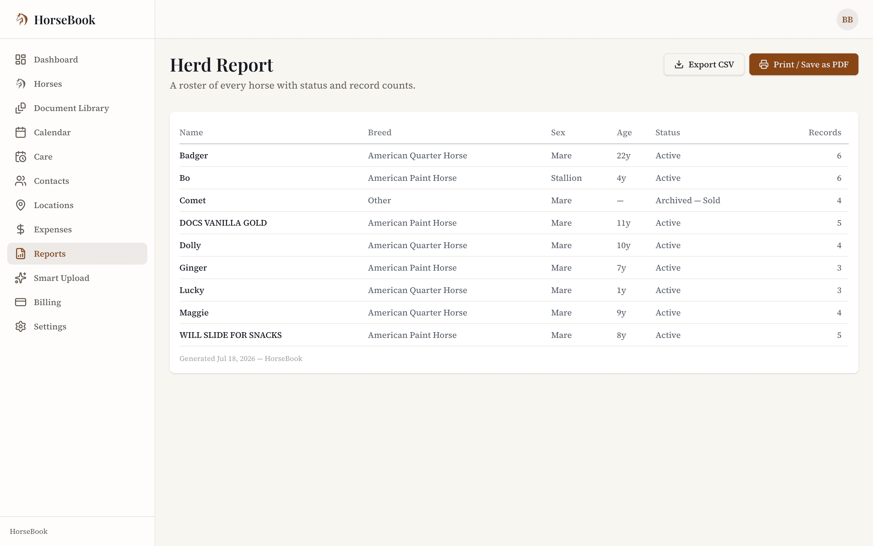 A herd report covering the whole barn, ready to export to CSV or print — the records are yours to take with you.