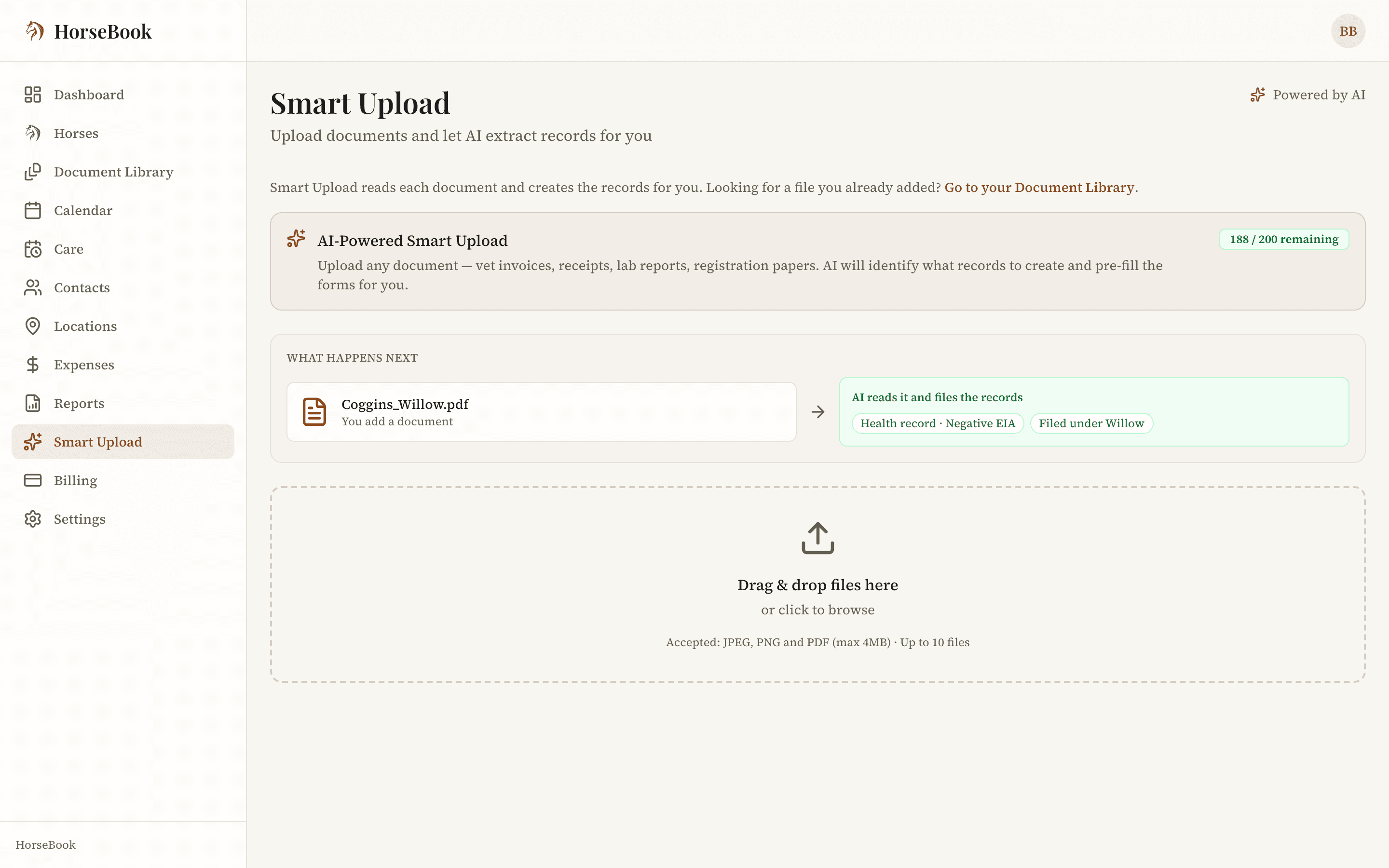 The Smart Upload hub. Drop in a Coggins, registration paper, vet bill, or receipt and HorseBook reads it into a record for you.