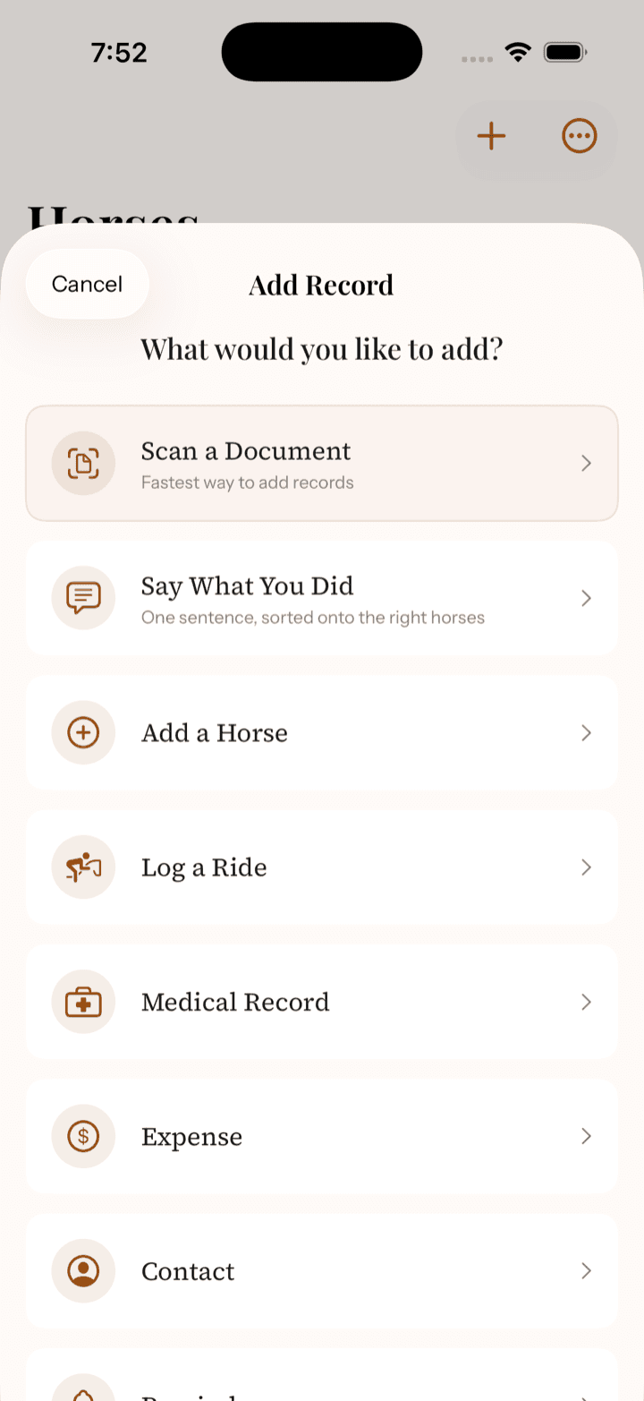 HorseBook iPhone quick add screen with the Say what you did entry field