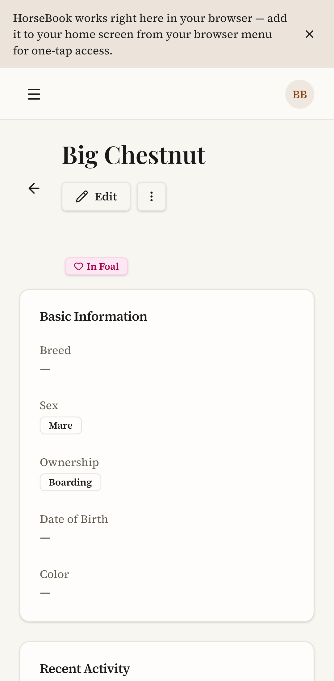 A single horse's profile on an Android phone, showing the horse's name, an In Foal status, and a Basic Information card with breed, sex, ownership, and date of birth laid out in one column.