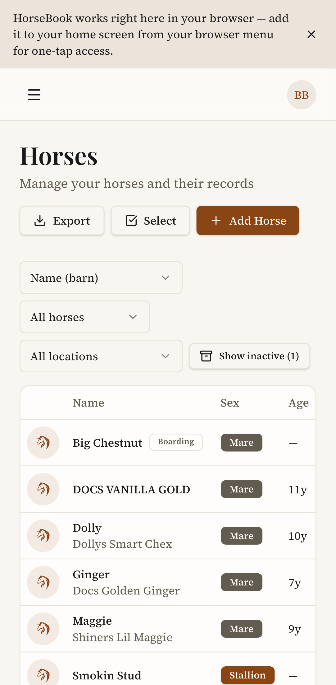 The HorseBook horse list open in Chrome on an Android phone: a ribbon across the top offers to add it to the home screen, the Add Horse button sits fully on-screen, and each horse shows its name, sex, and age in a row sized for the phone.