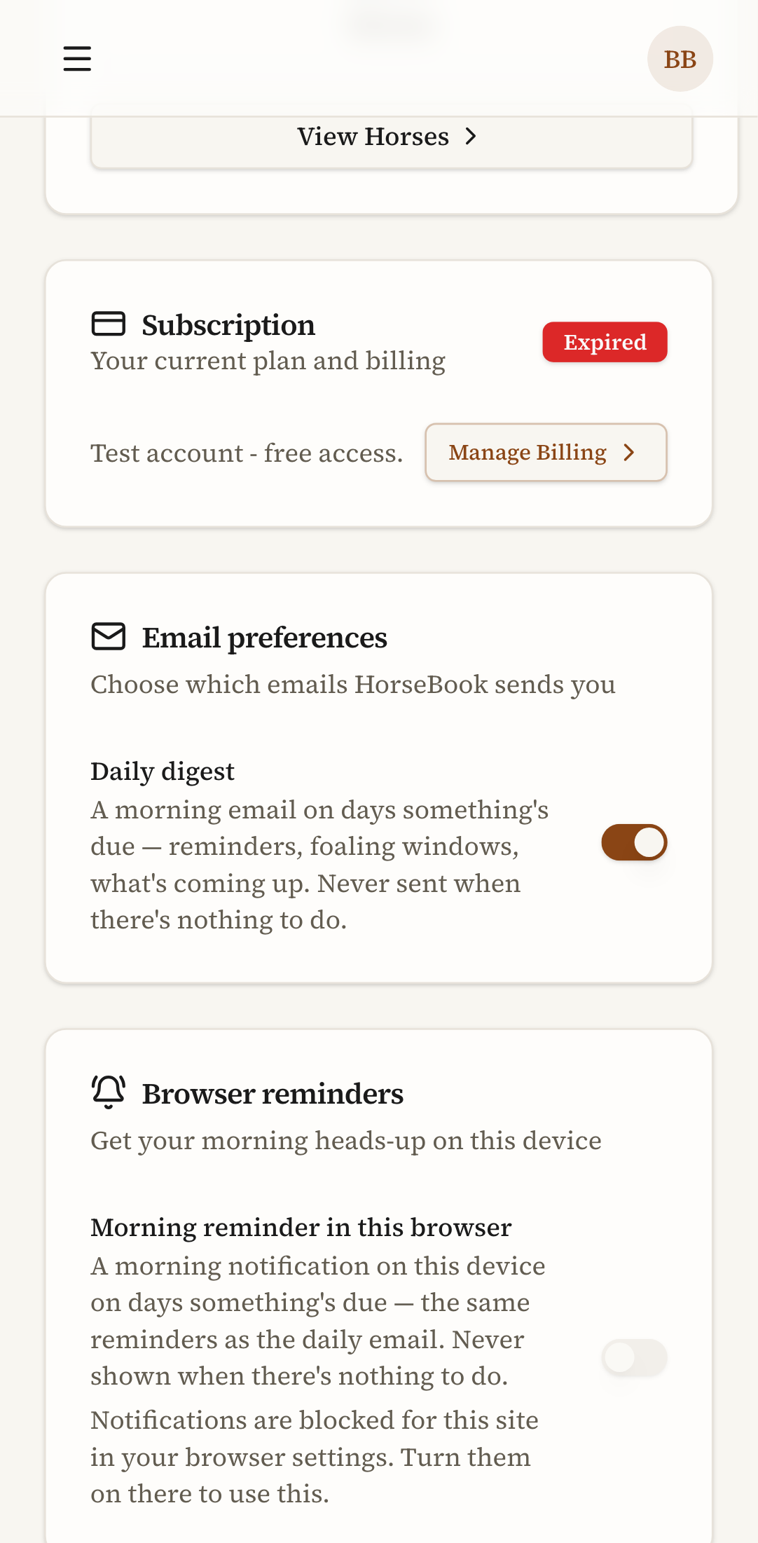 The HorseBook Account page on an Android phone: an Email preferences card with a Daily digest toggle turned on, and below it a Browser reminders card with a Morning reminder in this browser toggle.