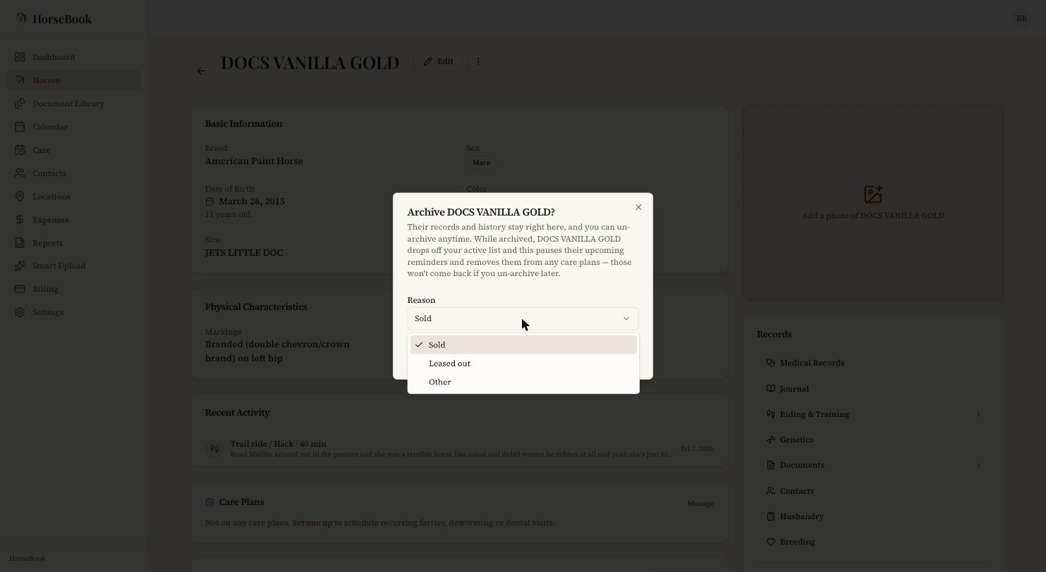 The Archive dialog for a horse with the reason dropdown open, showing Sold, Leased out, and Other, and a note that archiving pauses the horse's reminders and removes it from care plans.