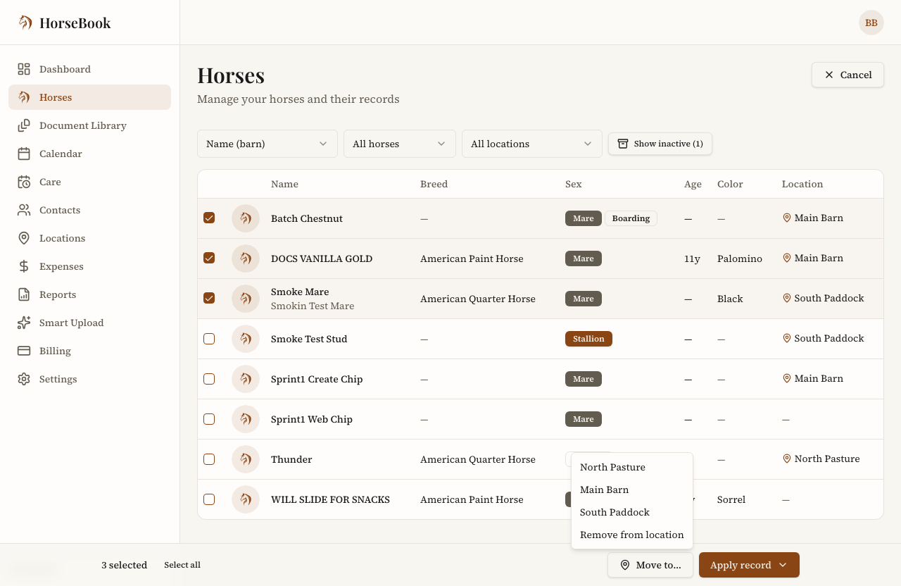 The Horses page in select mode with all eight horses checked and a Move to… menu open, offering North Pasture or Remove from location.