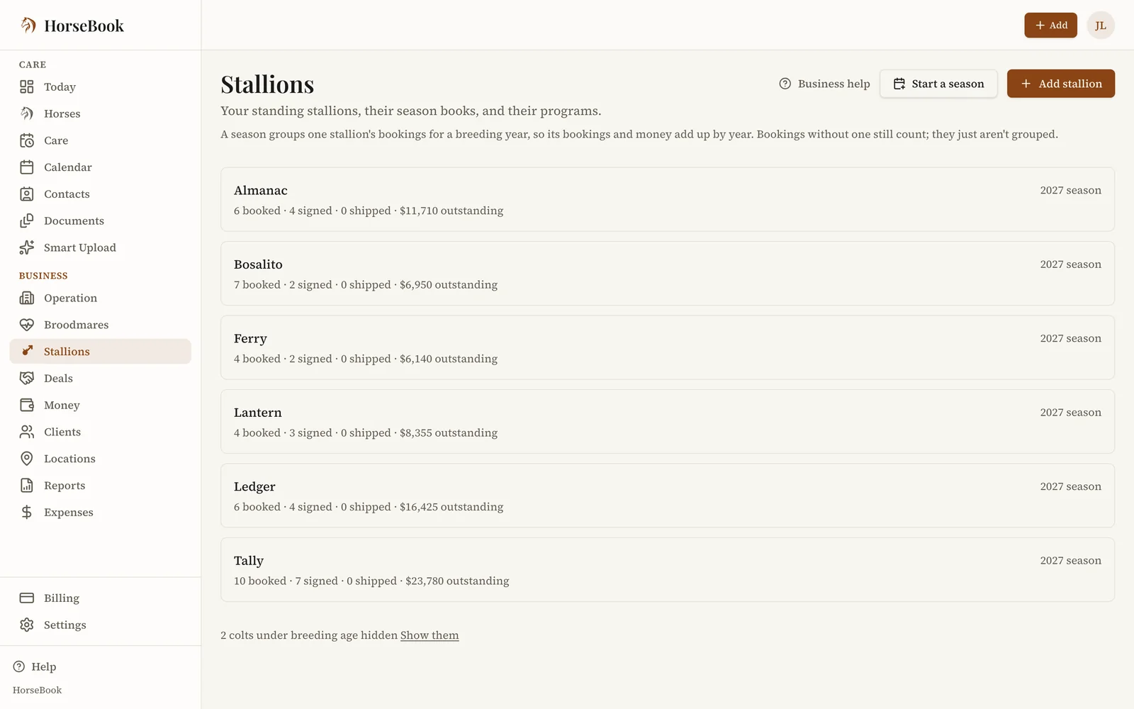 The Stallions page: each stallion with his mares booked, signed contracts back, and amounts owed.