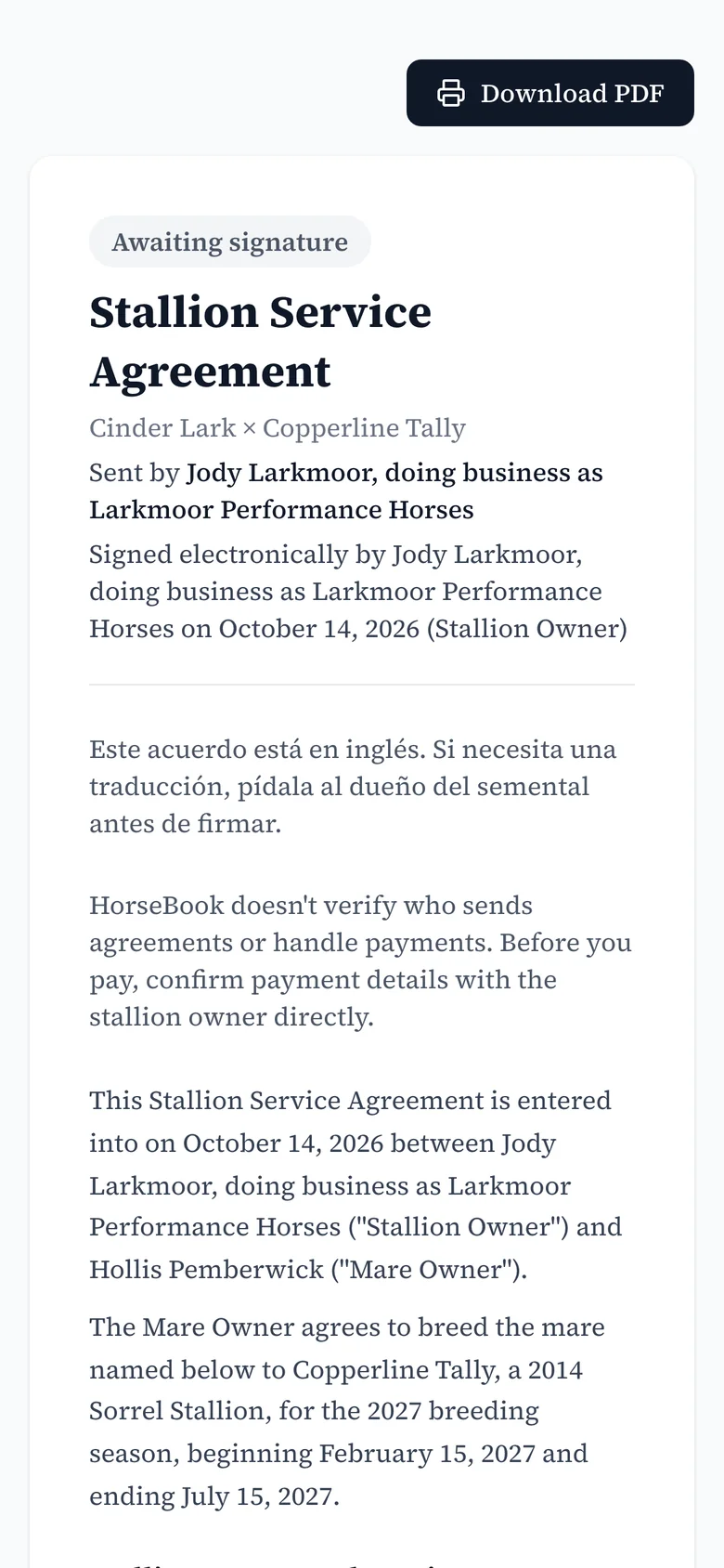 The contract open on a phone, from a link, with no app or account.