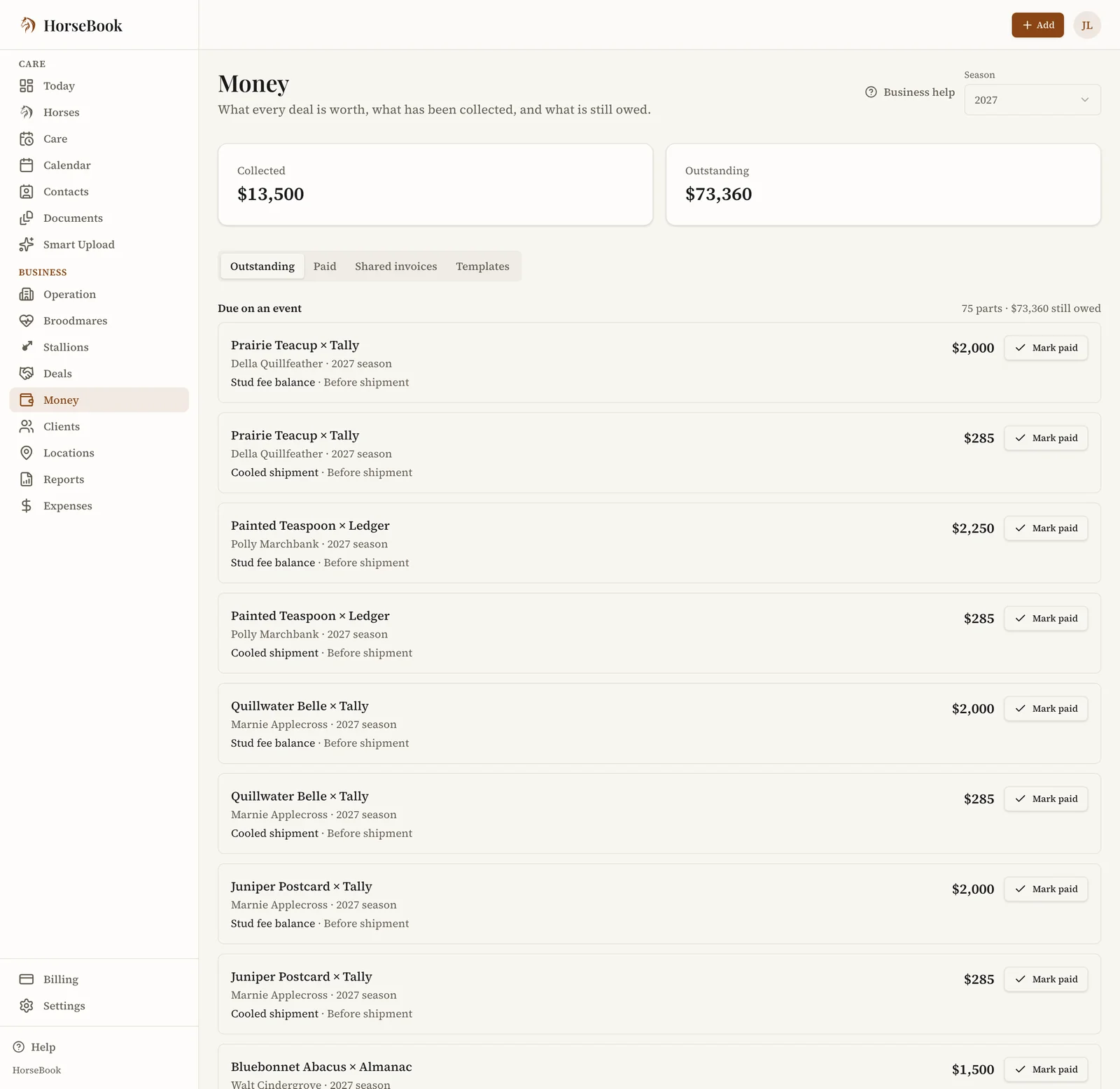Who owes what across every stallion: each deposit, balance and shipping fee, and what it is waiting on.