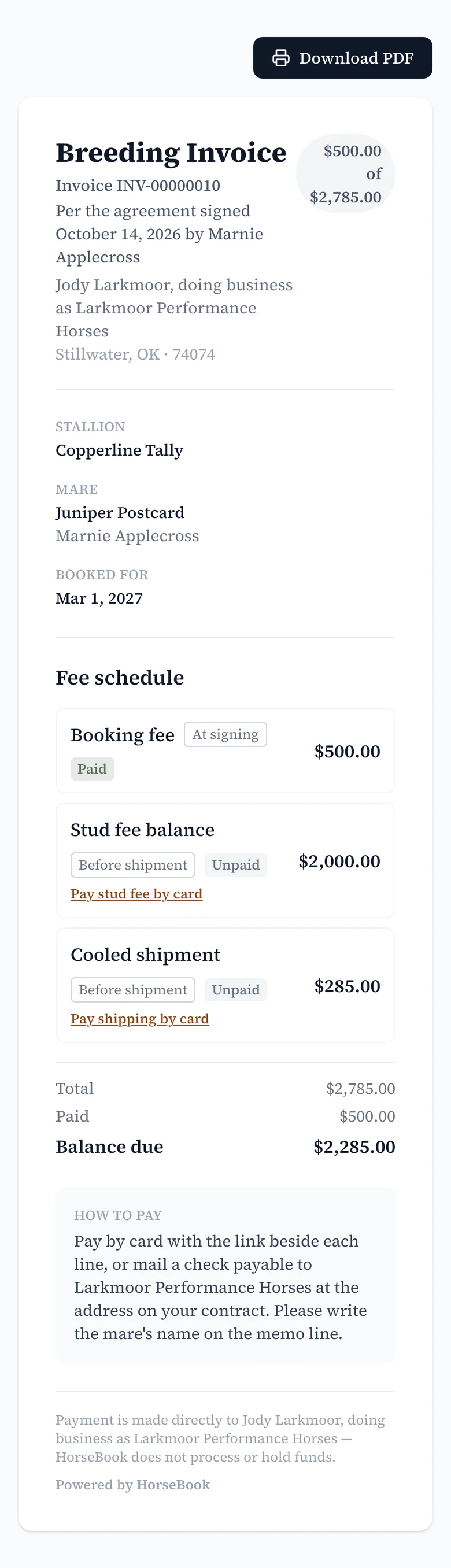 An invoice on a phone showing what is paid, what is due, and a card link beside each line.