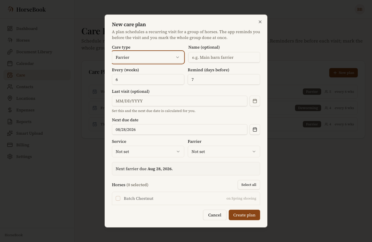 The New care plan dialog: care type, cadence in weeks, next due date, and the horse picker with a Select all control.