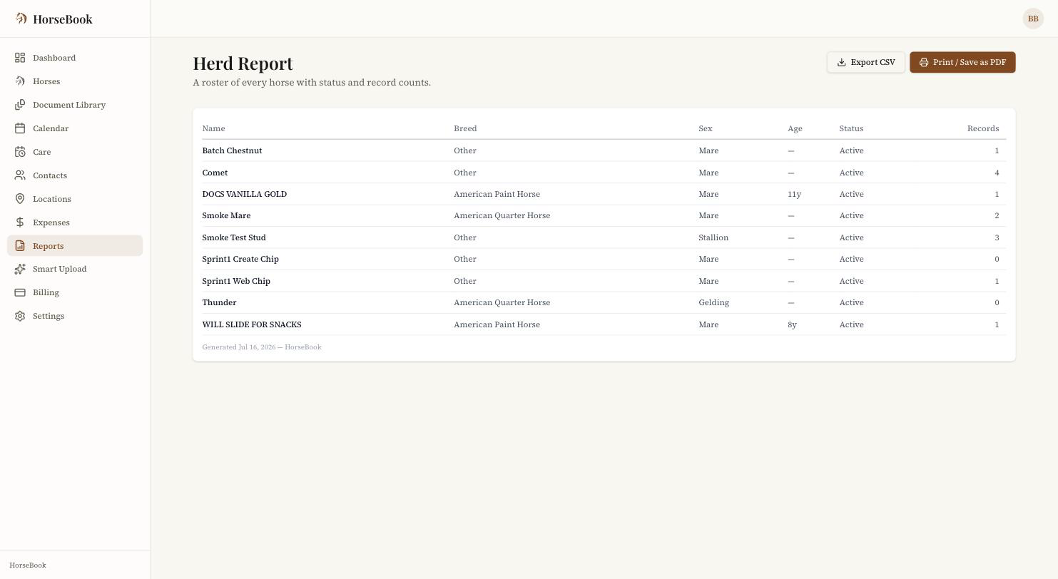 The Herd Report page: a table of every horse with breed, sex, age, status, and record count, with Export CSV and Print / Save as PDF buttons in the top right.