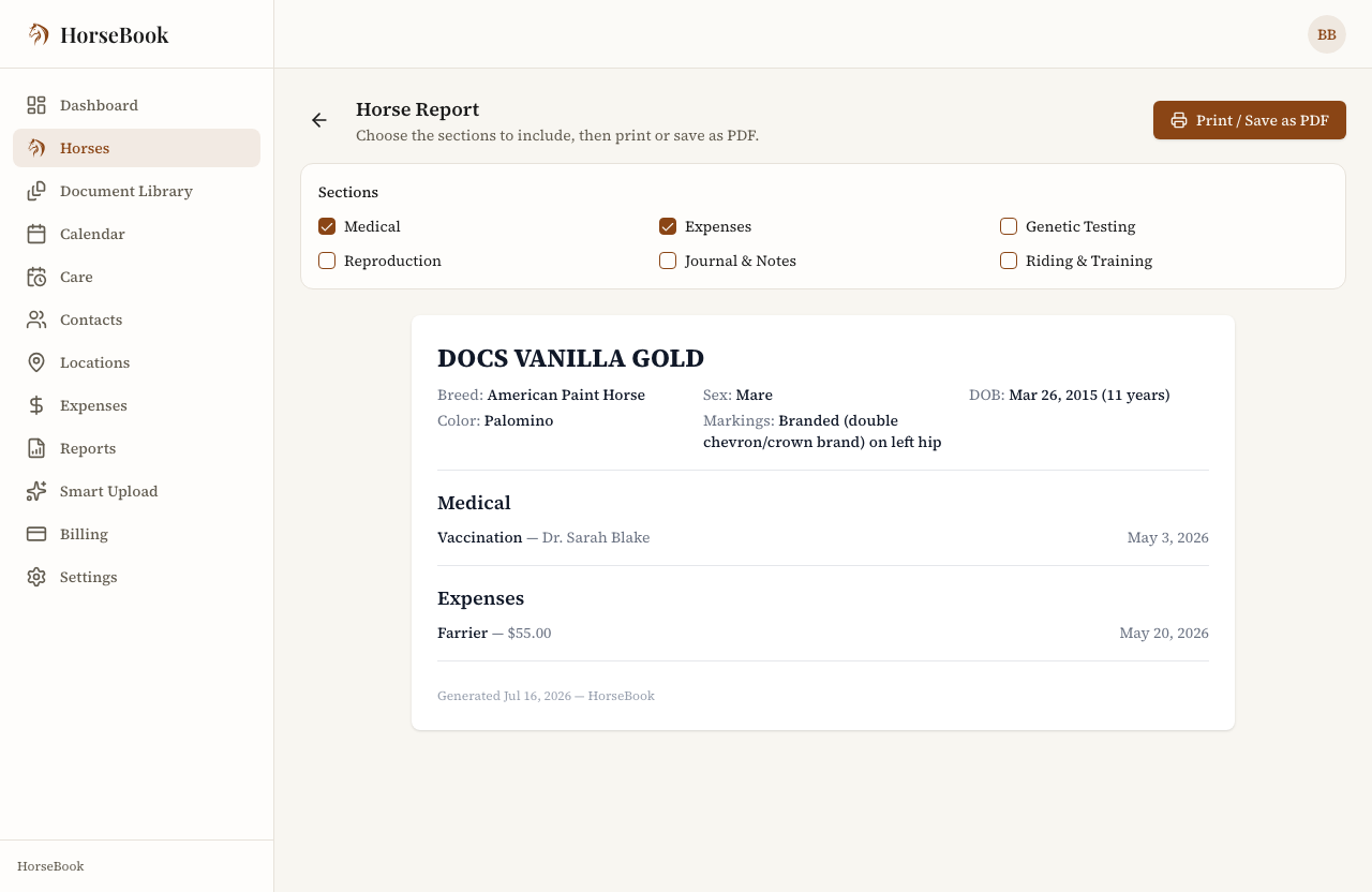 The single-horse Report / Export page with section checkboxes — Medical, Expenses, Genetic Testing, Reproduction, Journal & Notes, and Riding & Training — above a live report preview showing the horse's details.
