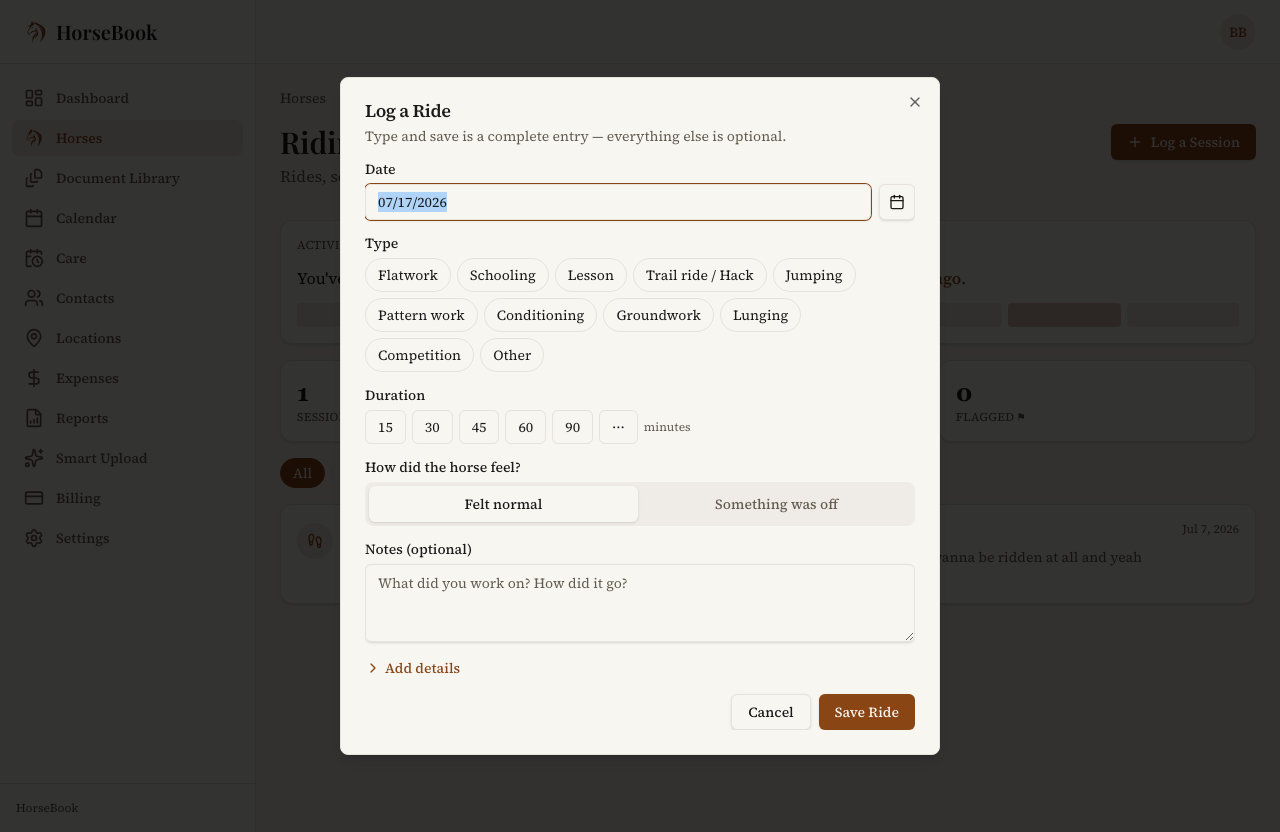 The web Log a Ride dialog with the session type list, quick-pick duration buttons, and the "How did the horse feel?" toggle.