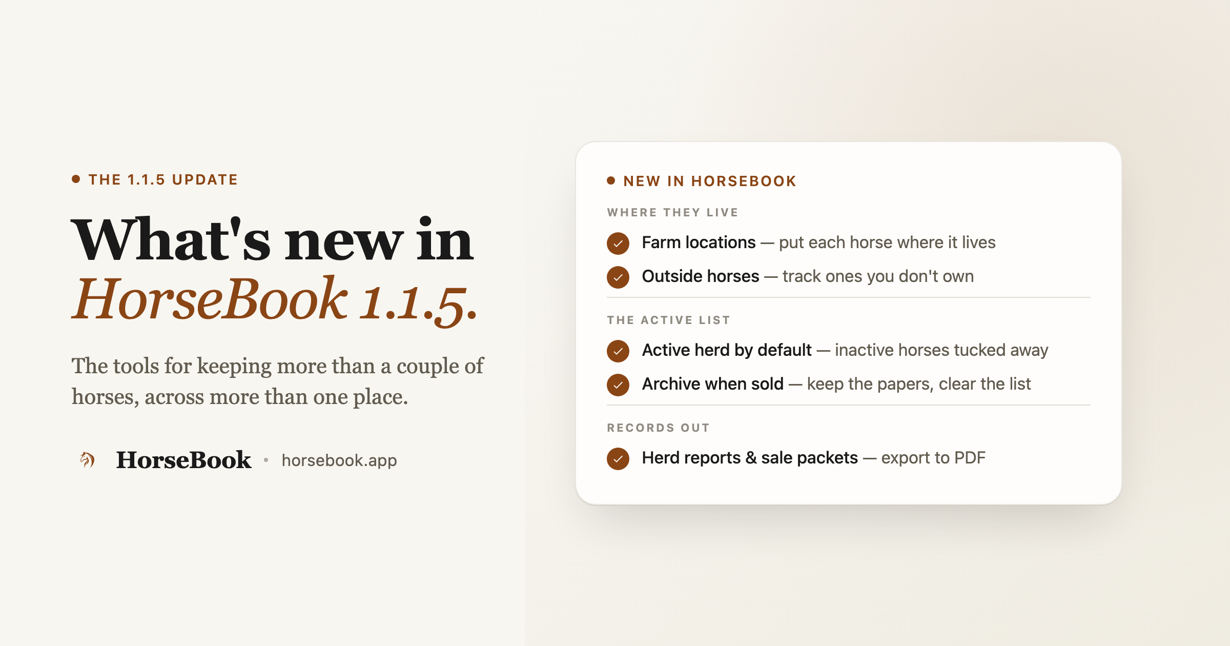 What's New in HorseBook 1.1.5: Locations, Outside Horses, Archiving, and Herd Reports