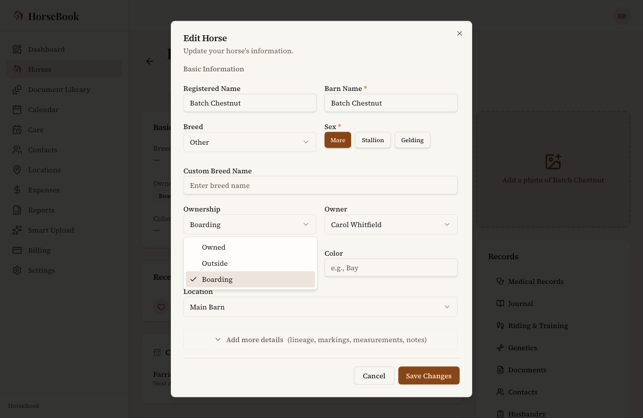 The Edit Horse form with the Ownership dropdown open, showing Owned, Outside, and Boarding options.
