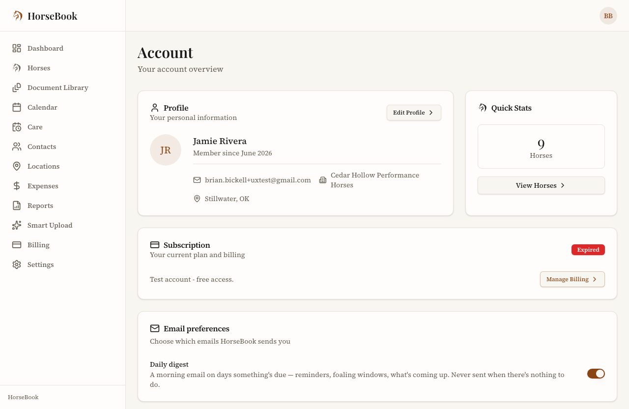 The Account page's Email preferences section with the Daily digest toggle on — "A morning email on days something's due. Never sent when there's nothing to do."