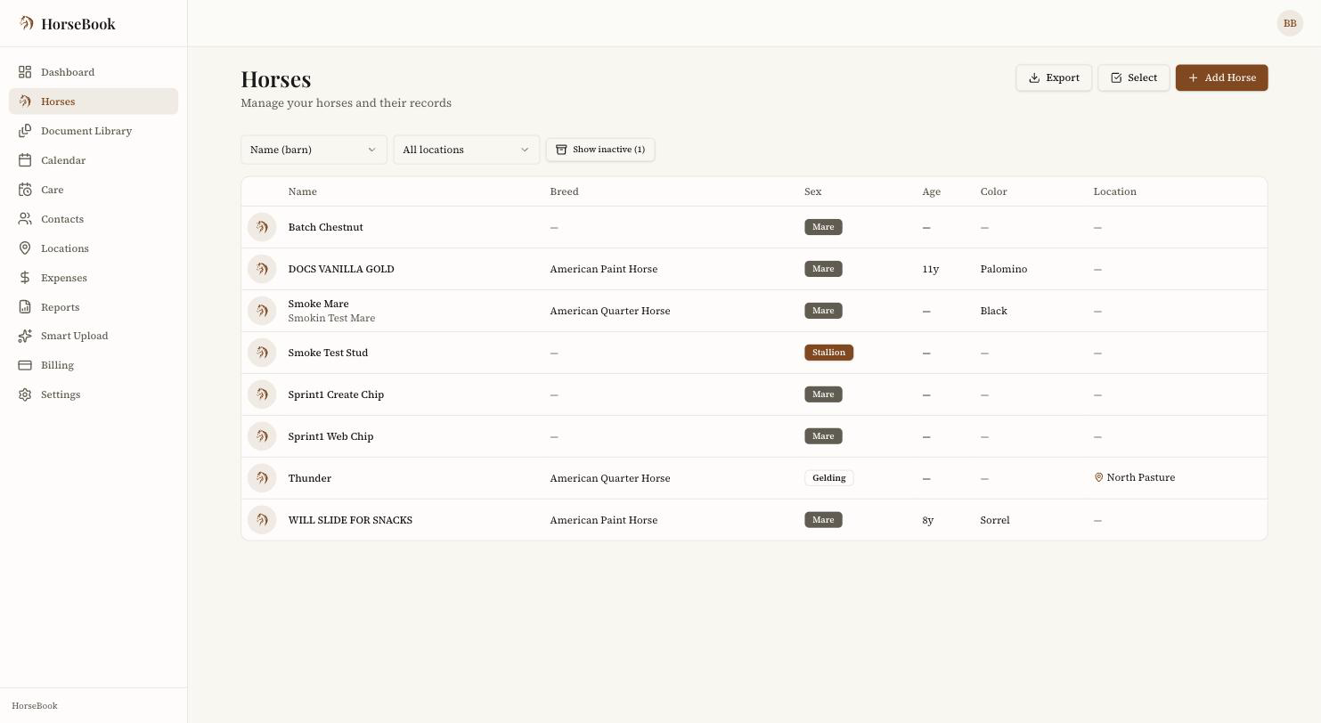 The Horses page in its default active-only view, with a Show inactive (1) toggle in the filter row.