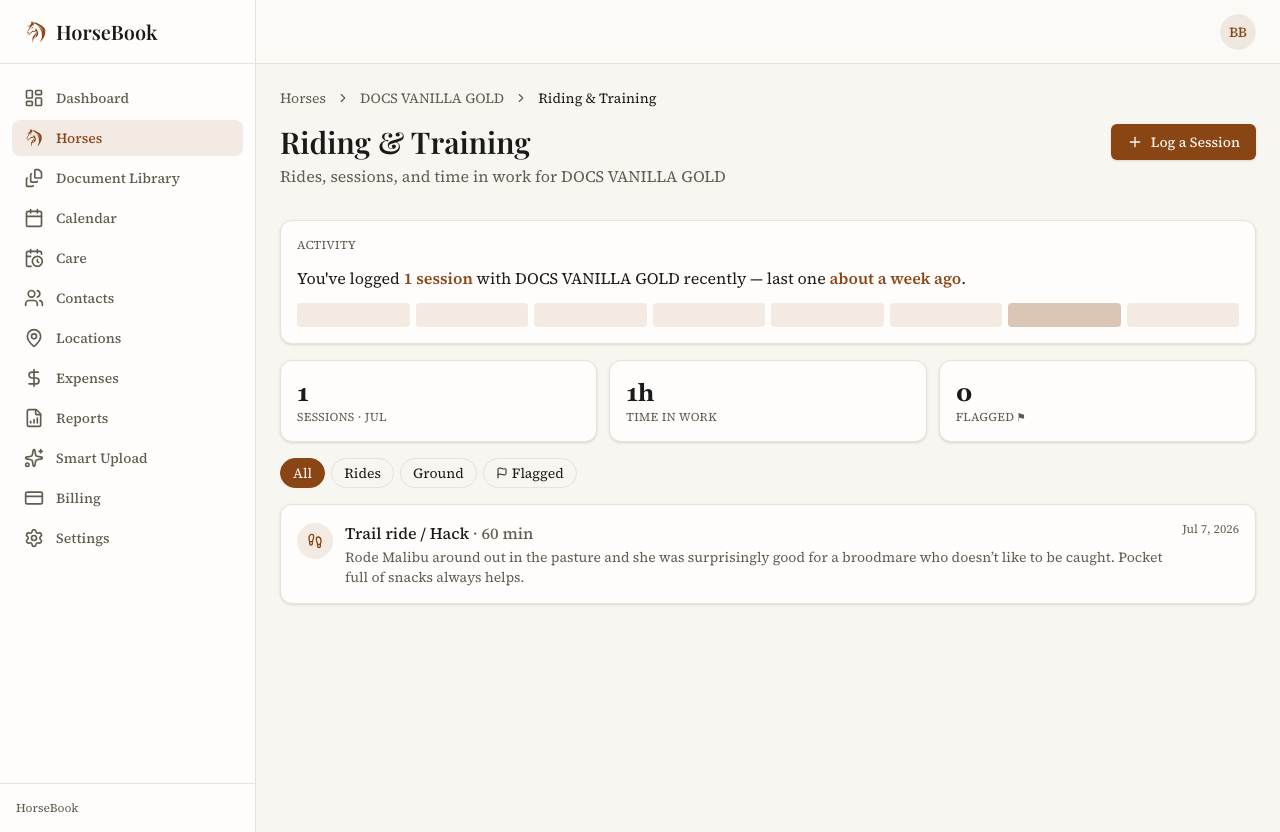 A horse's Riding & Training tab with the plain-English activity summary sentence above the session list.