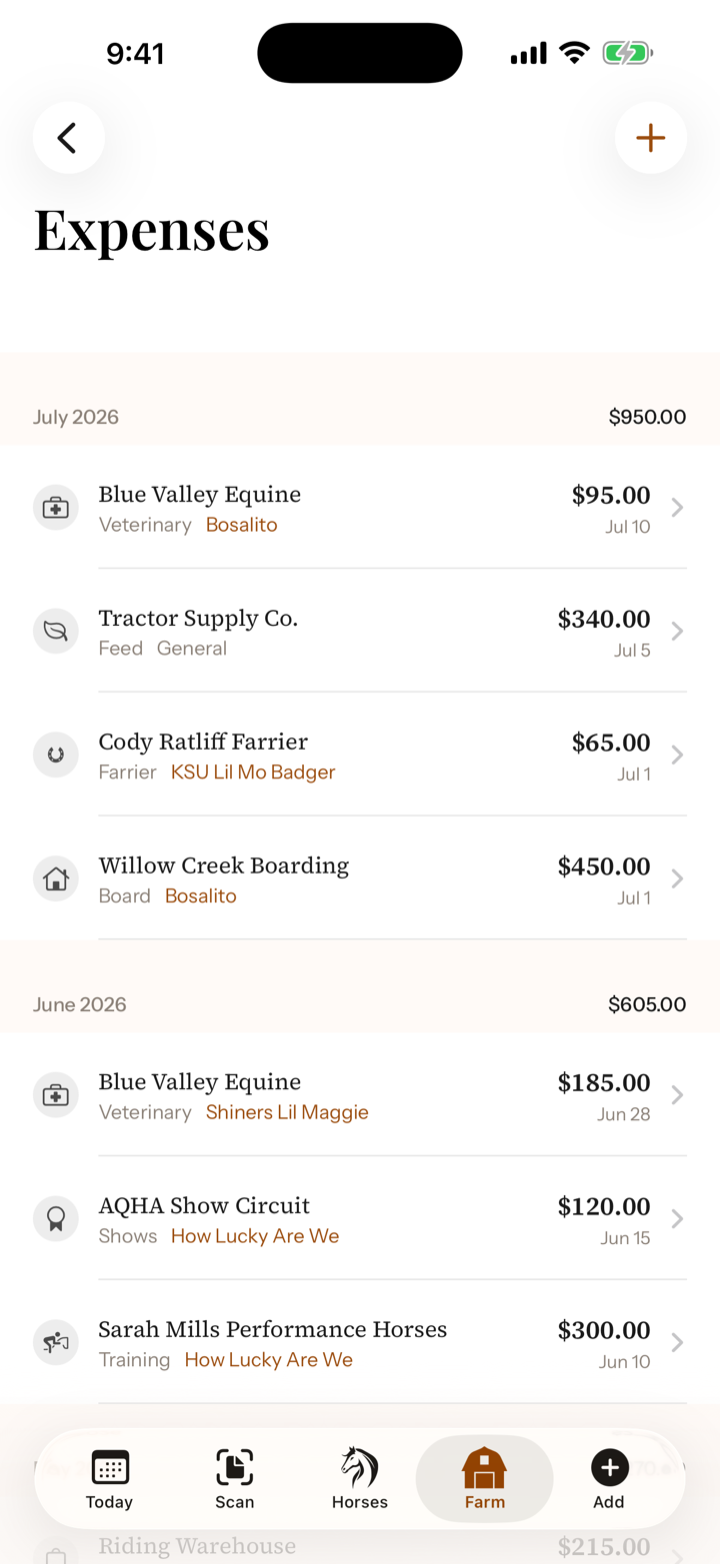 iOS expenses list grouped by month with category badges and per-horse attribution