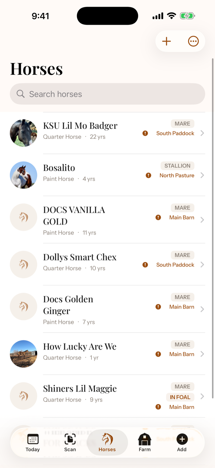 iOS horse roster showing horse cards with photos, breed and age, sex badges, and location chips