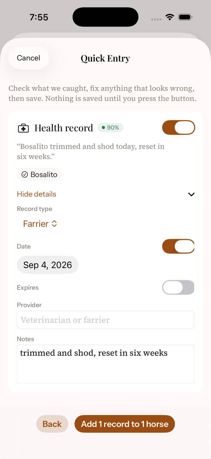 Quick Entry confirm screen showing a farrier record parsed from one sentence