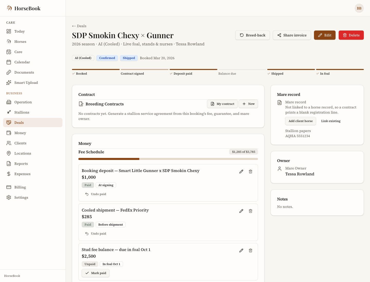 A deal page with a part-paid fee schedule: the six-step stage bar across the top, the contract and fee schedule cards on the left with the deposit and shipping marked paid and the balance still due, and the mare record, owner and notes on the right