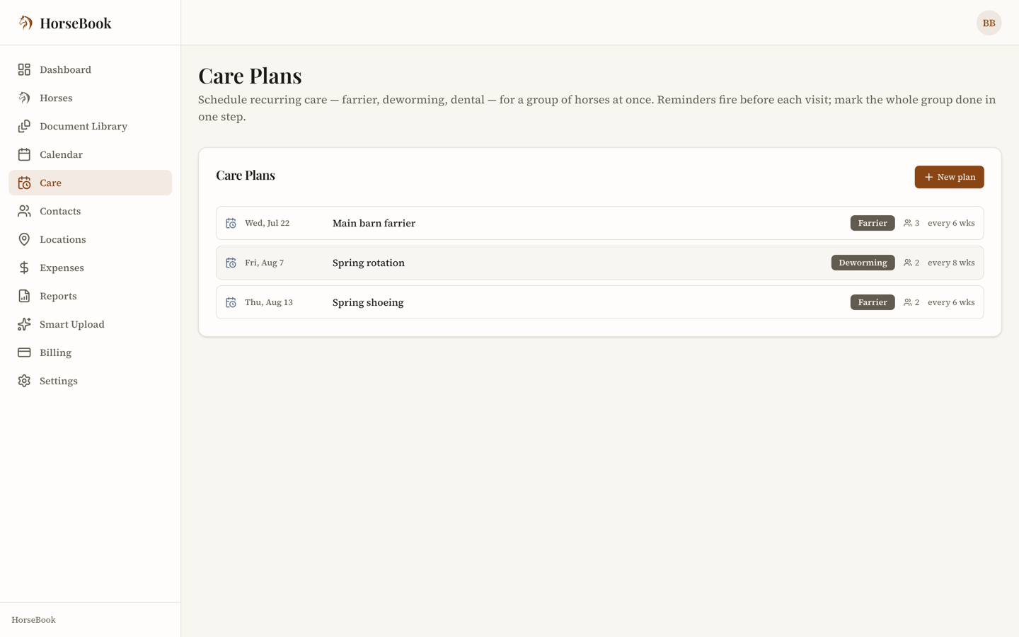 Web care plans hub showing recurring farrier and deworming plans grouped across horses with cadence and next-due dates
