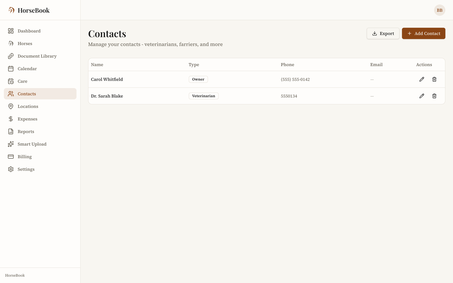 Web contacts list showing several contacts with type labels like Veterinarian and Farrier