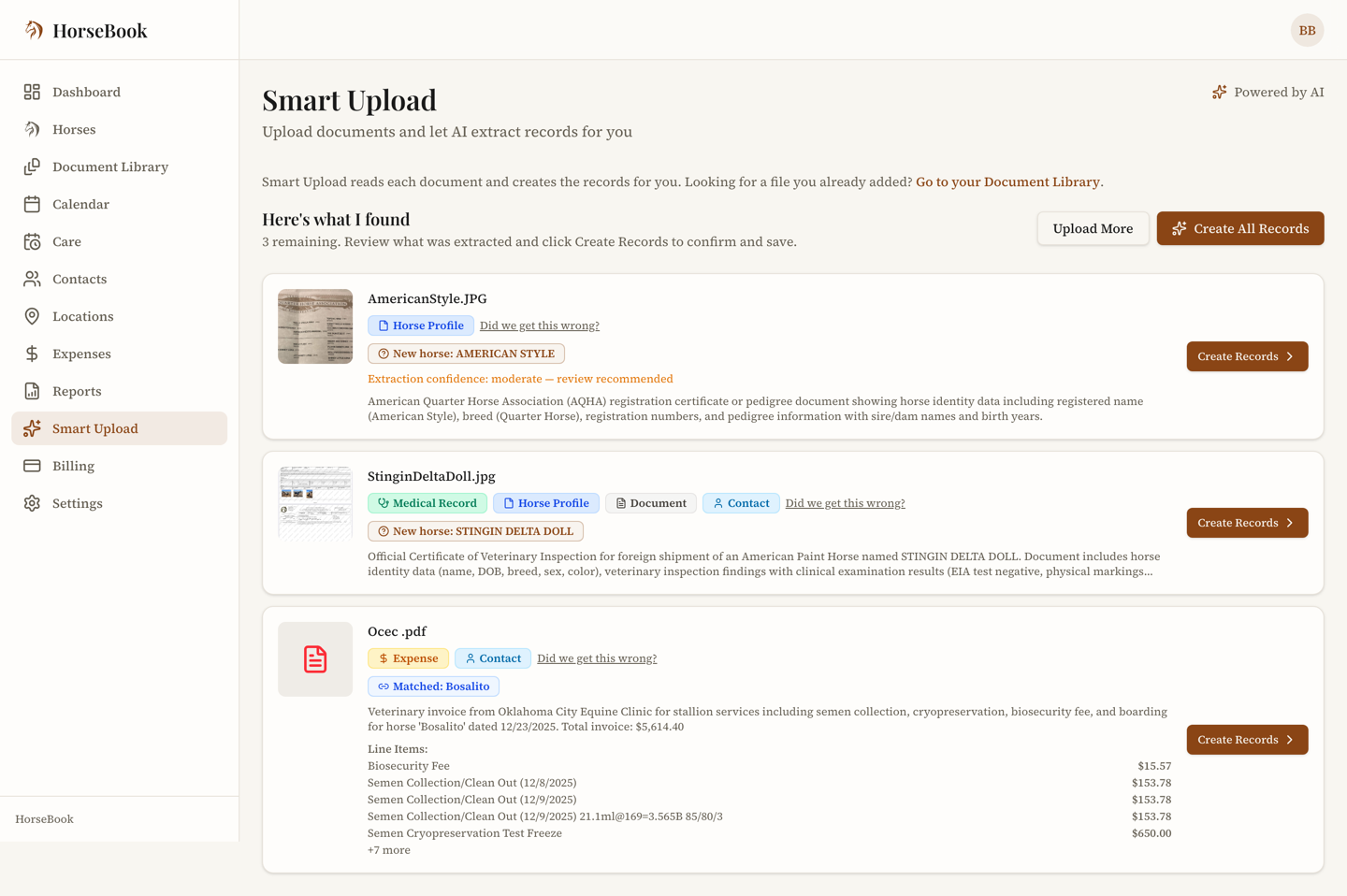 Scan review screen with documents read and extracted into records — type badges, confidence, and fields ready to confirm onto a horse
