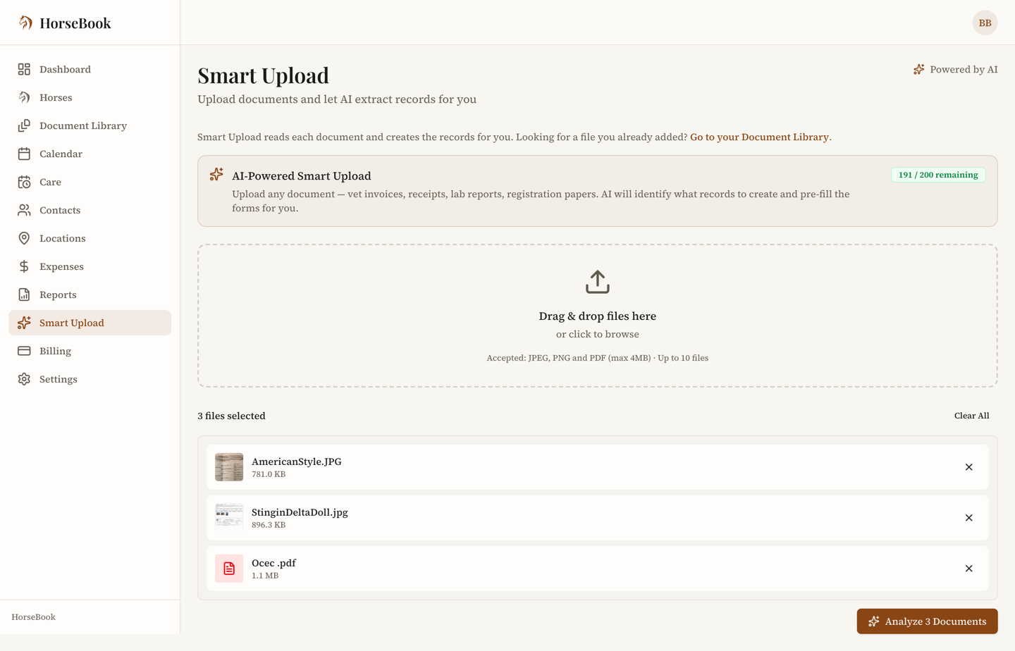Web Smart Upload hub with a document staged and ready to analyze